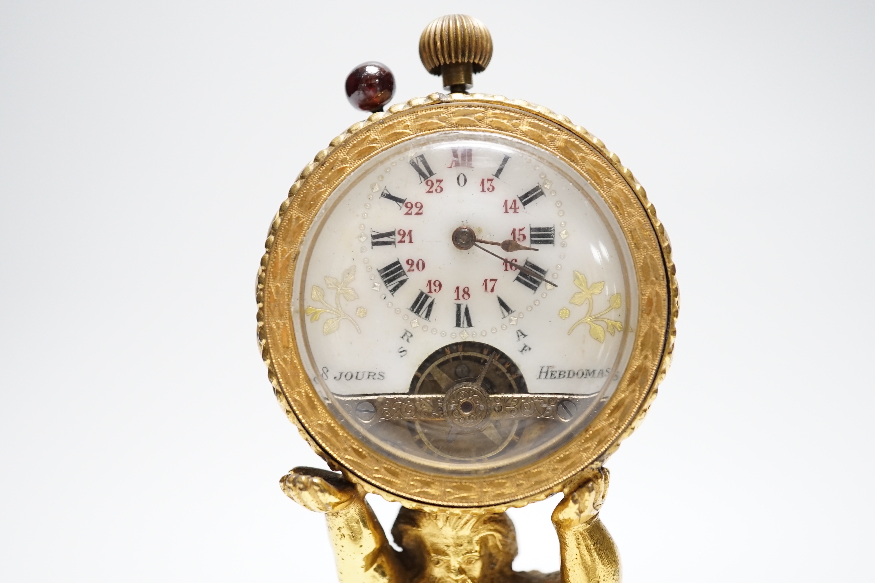 A late 19th century Palais Royal ‘Atlas’ ormolu eight day timepiece, Spiral Breguet movement, 17cm